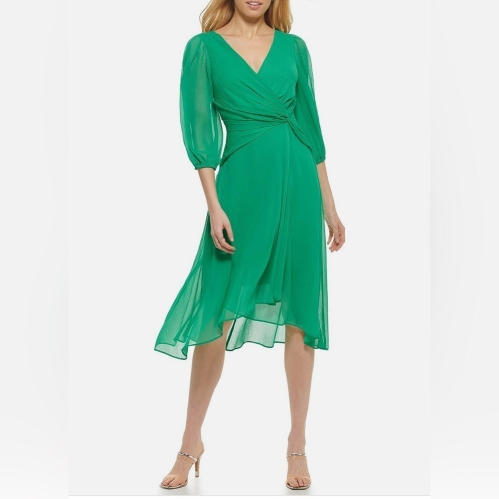 DKNY Kelly Green Ruffled Wrap Midi Dress with Tie Front Size 8
